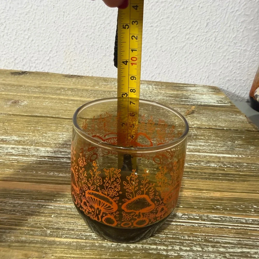 Vintage Mushroom Fairycore Lowball Glasses Set 3 Amber Orange Cottagecore Floral